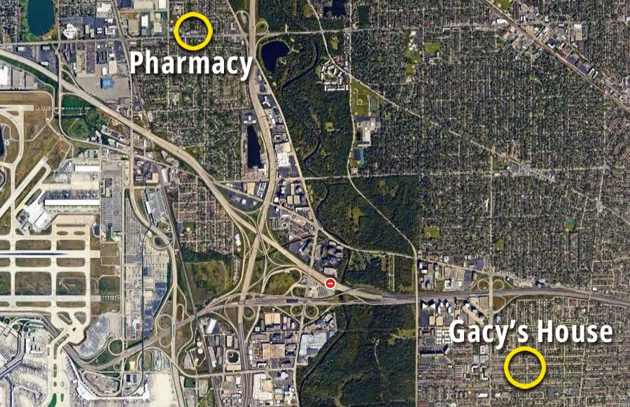 A map showing the pharmacy and Gacy's home