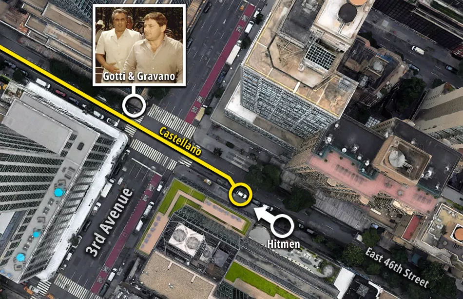 An illustrated map showing the positions of the vehicles and hitmen.
