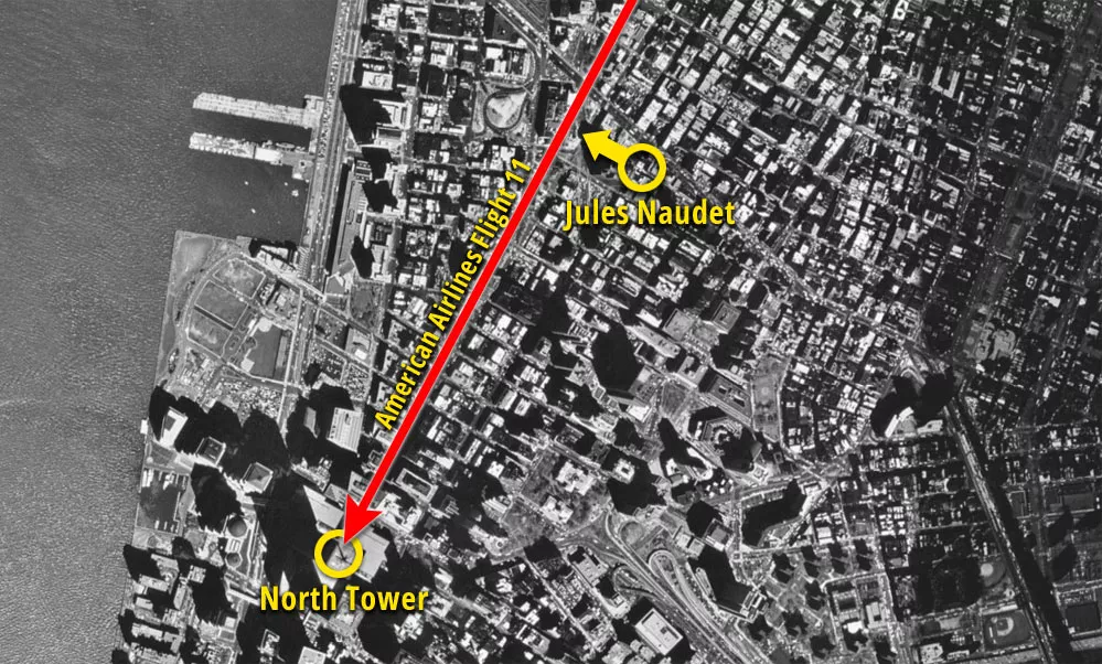 Satellite imagery showing Flight 11's flight path and Naudet's filming location.