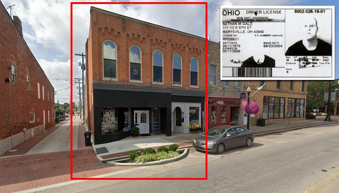 Gale's former apartment building and driver's license.