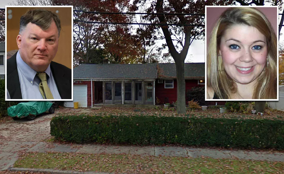 Heuermann's house in 2011. Inset, left: Heuermann during a court appearance. Inset, right: Waterman.